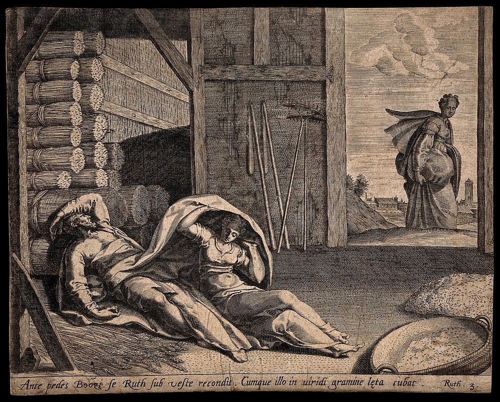 Ruth comes to take shelter under Boaz's cloak. Engraving.