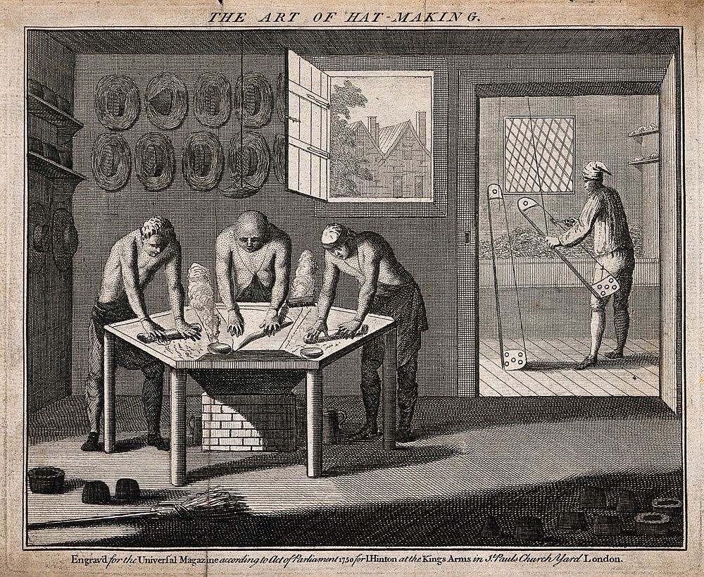 Hat makers: interior view, various implements used in the making of hats. Engraving.