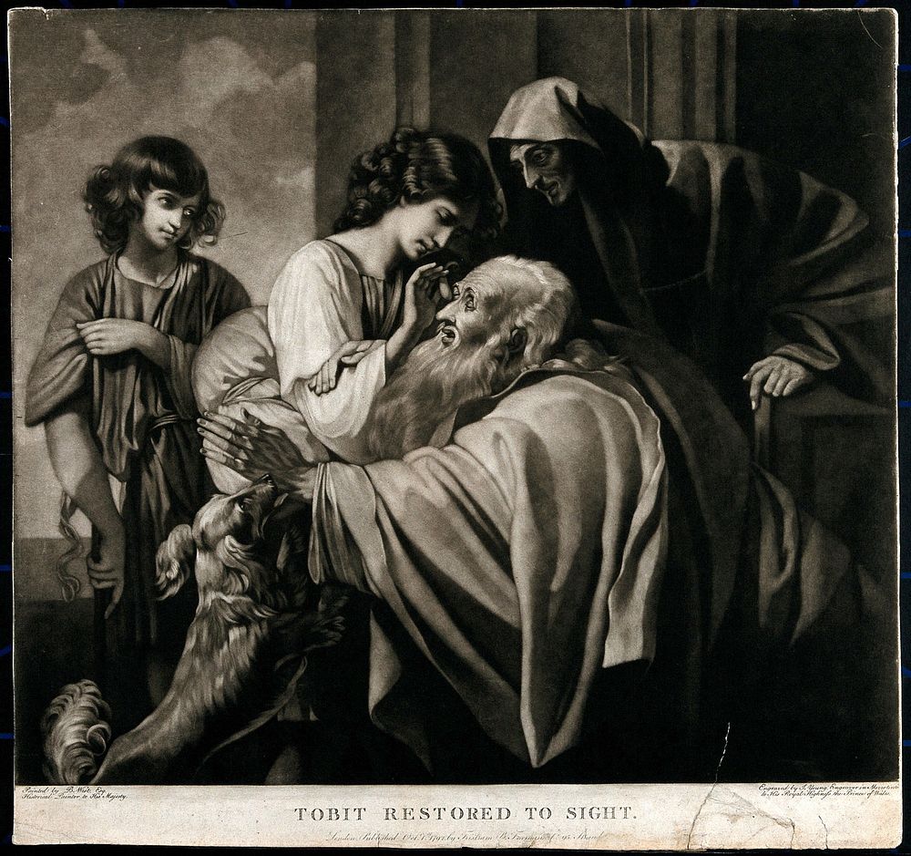 Tobias curing his father's blindness. Mezzotint by J. Young after B. West, 1792.