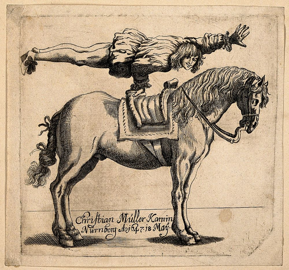 Christian Müller, a circus performer. Line engraving.