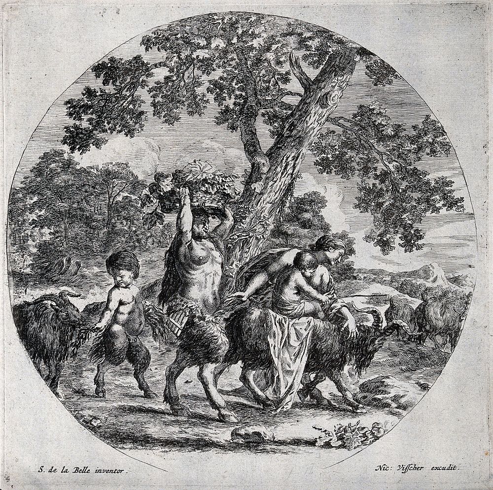 Pan, carrying a basket of grapes, preceded by a woman riding a goat, both followed by a young satyr feeding another goat.…