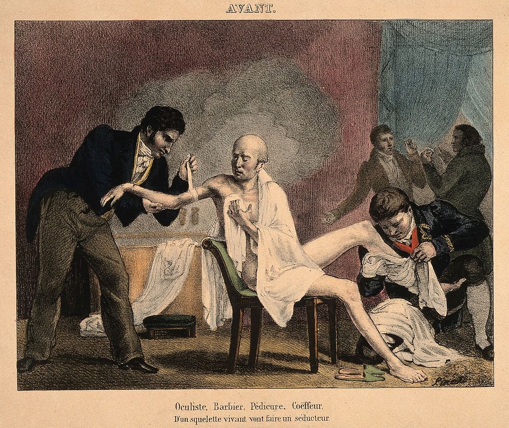 An emaciated old man is transformed by four beauticians. Coloured lithograph by Ch.-J. Fuhr after Ch. Bargue, 1852.