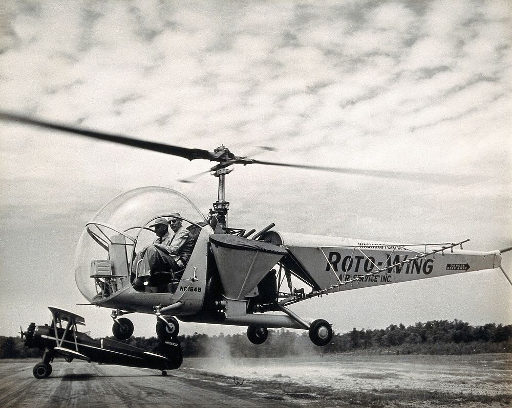 Sir Gordan Covell in a helicopter, Beltsville, Maryland. Photograph, 1948.