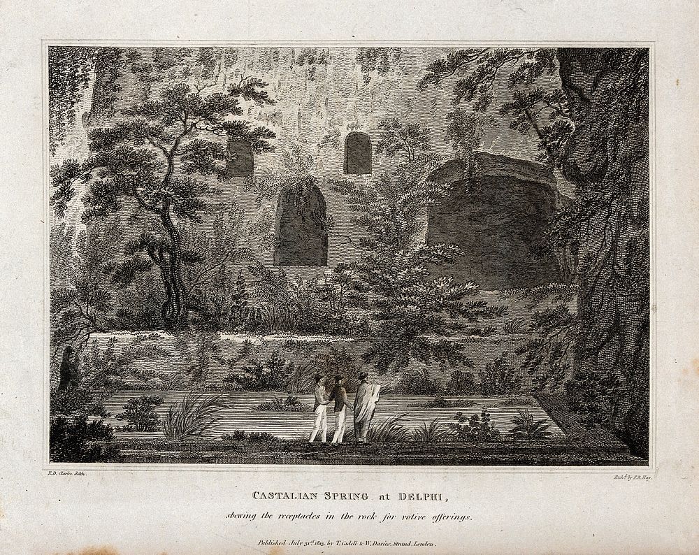 The Castalian spring at Delphi; the cavities in the rock are for votive offerings. Etching by F.R. Hay, 1813, after E.D.…