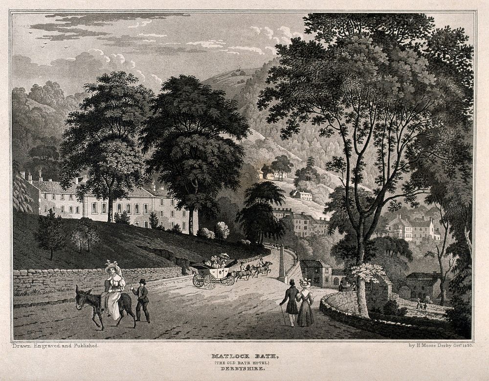 Matlock Bath, Derbyshire: the Old Bath Hotel. Aquatint by H. Moore after himself, 1830.
