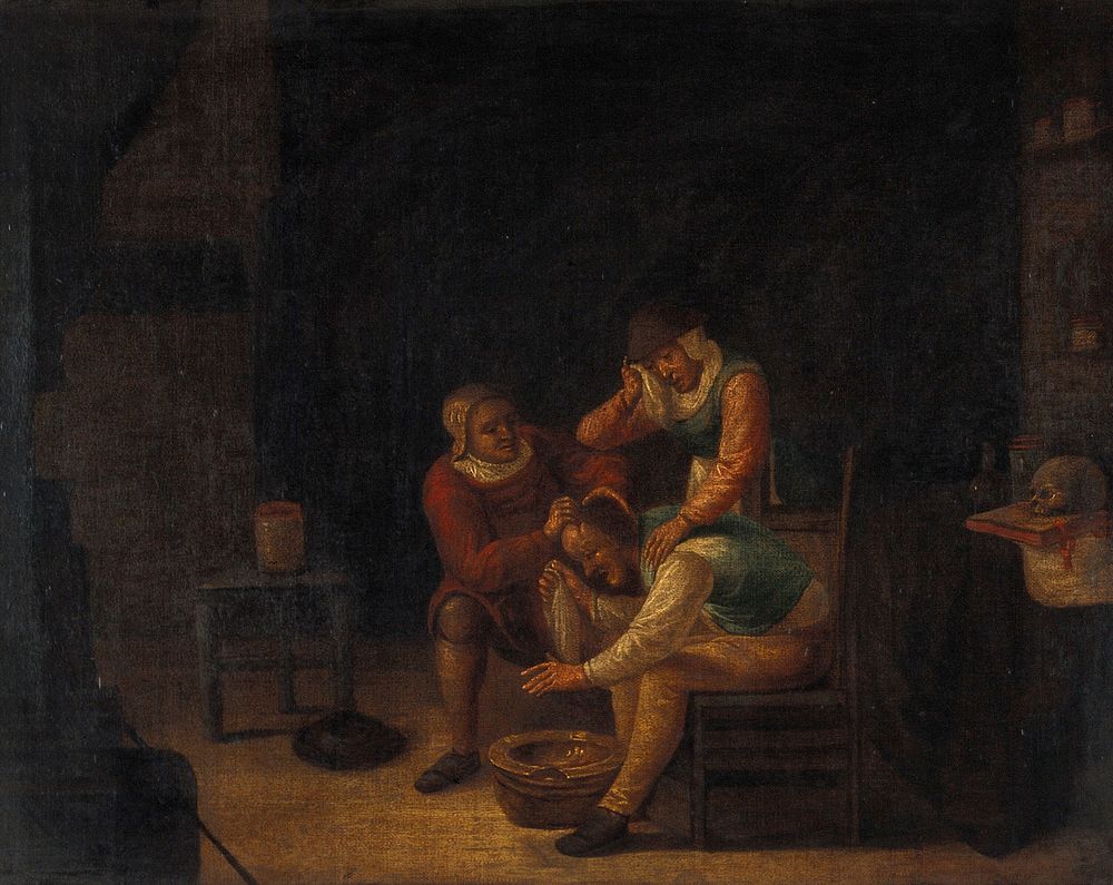 A surgeon operating on a man's head. Oil painting.