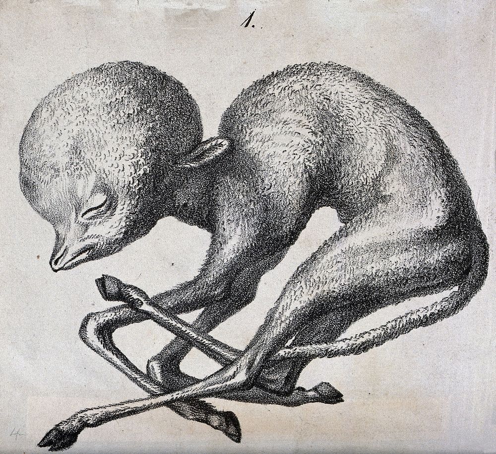 Sheep with congenital defects (hydrocephalus). Lithograph.