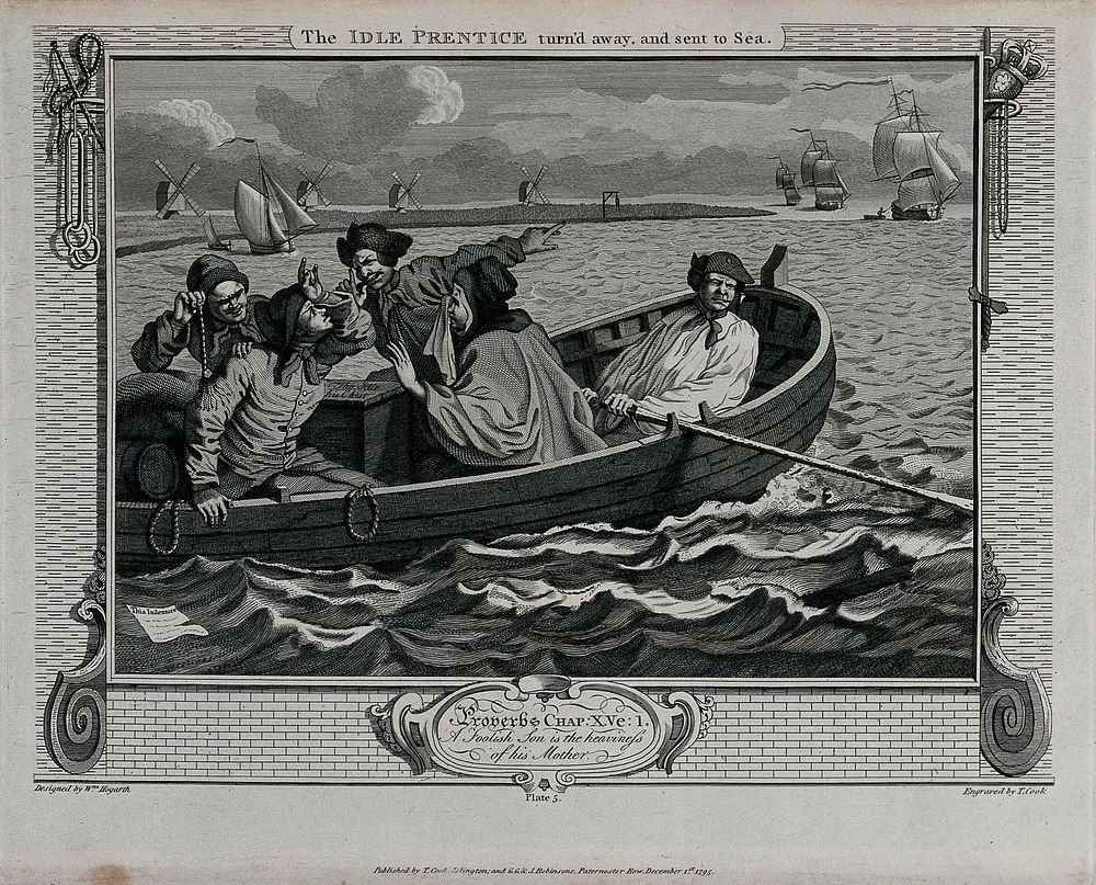 Casting his contract into the sea, Tom Idle in a rowing boat heads towards a sailing ship past a point of land with four…