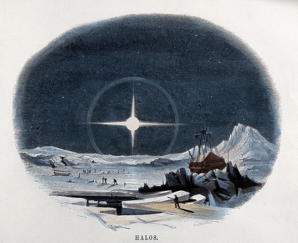 Geography: a halo around the sun, at the Pole. Coloured wood engraving by C. Whymper.