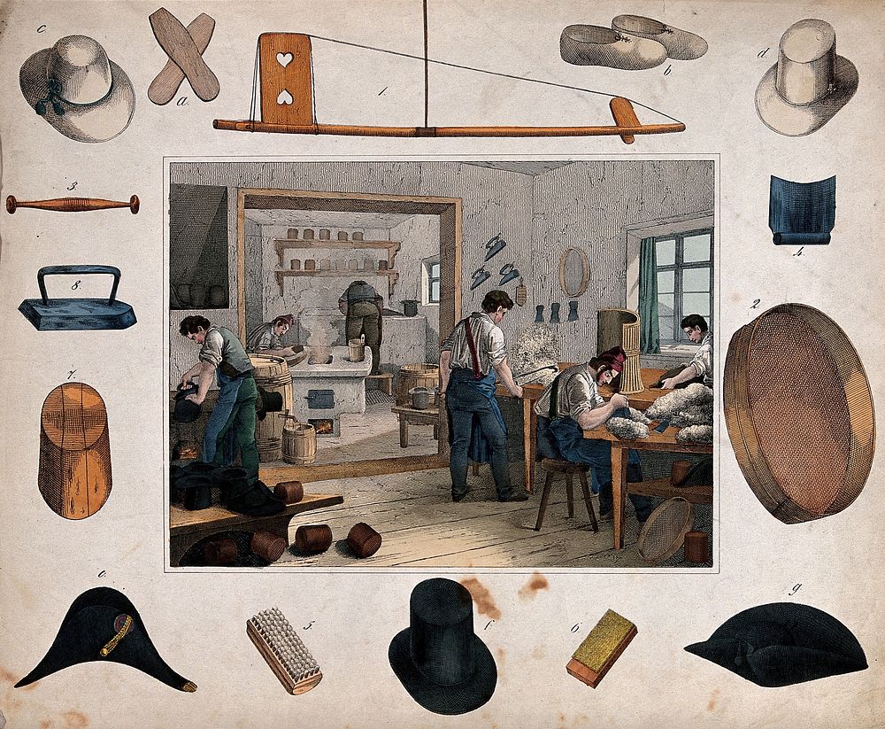 Six men are working with combs, irons and brushes as they make hats of various descriptions, some tools of their trade are…