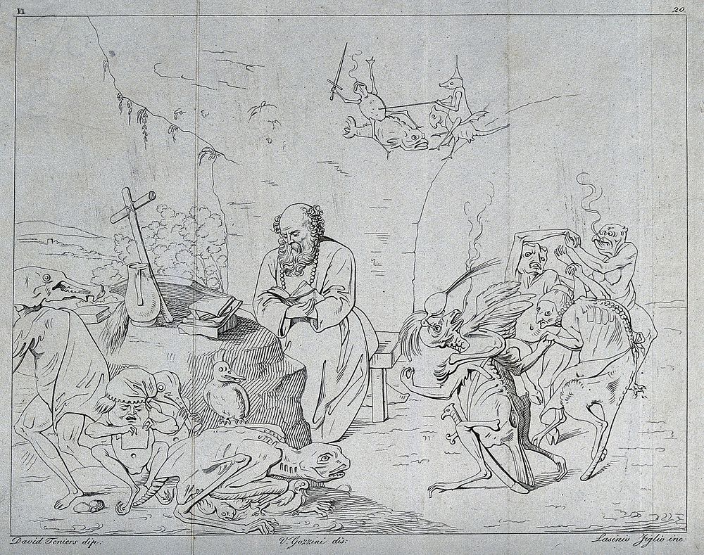 The temptation of Saint Antony Abbot. Etching by G.P. Lasinio after V. Gozzini after D. Teniers.