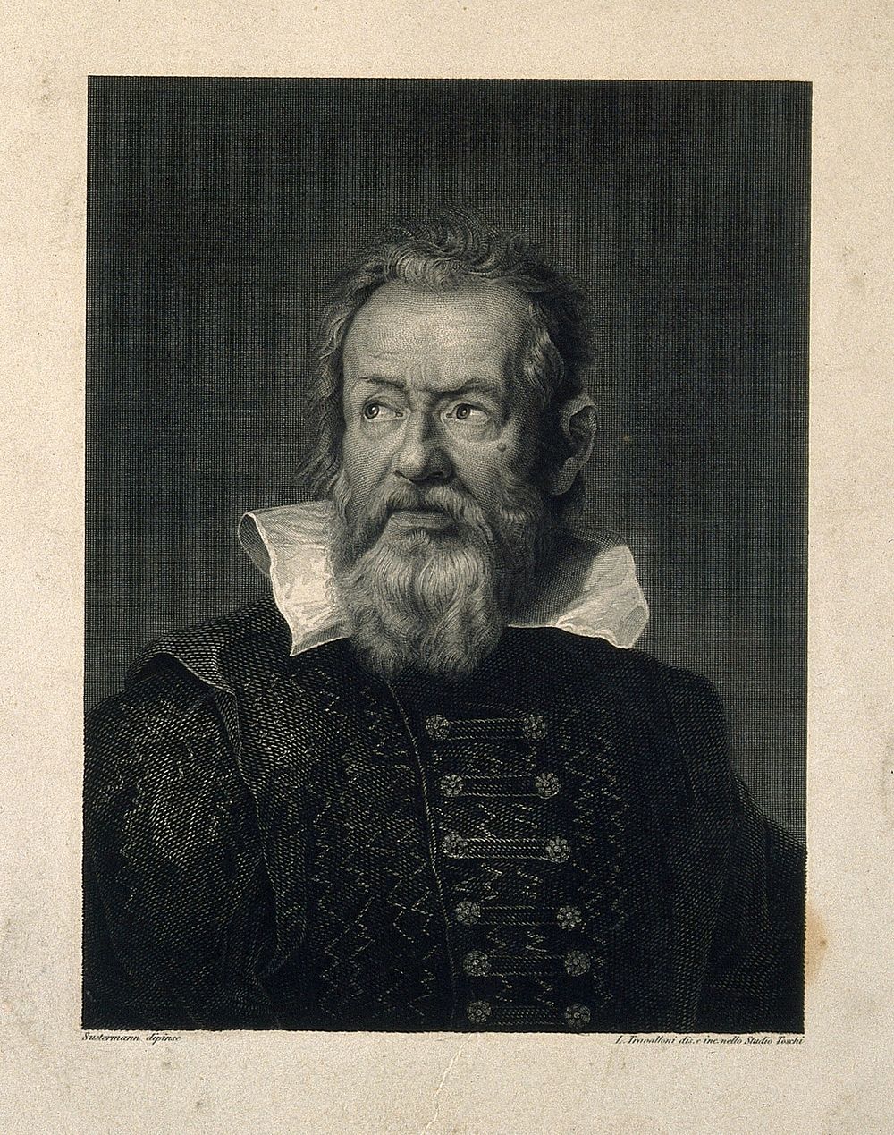 Galileo Galilei. Line engraving by L. Travalloni, 1836, after himself after J. Sustermans.