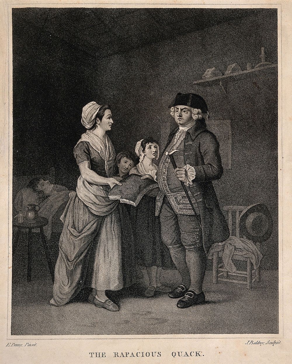 A greedy medical practitioner demanding a section of bread or cake  for payment from a poor family. Stipple engraving by J.…