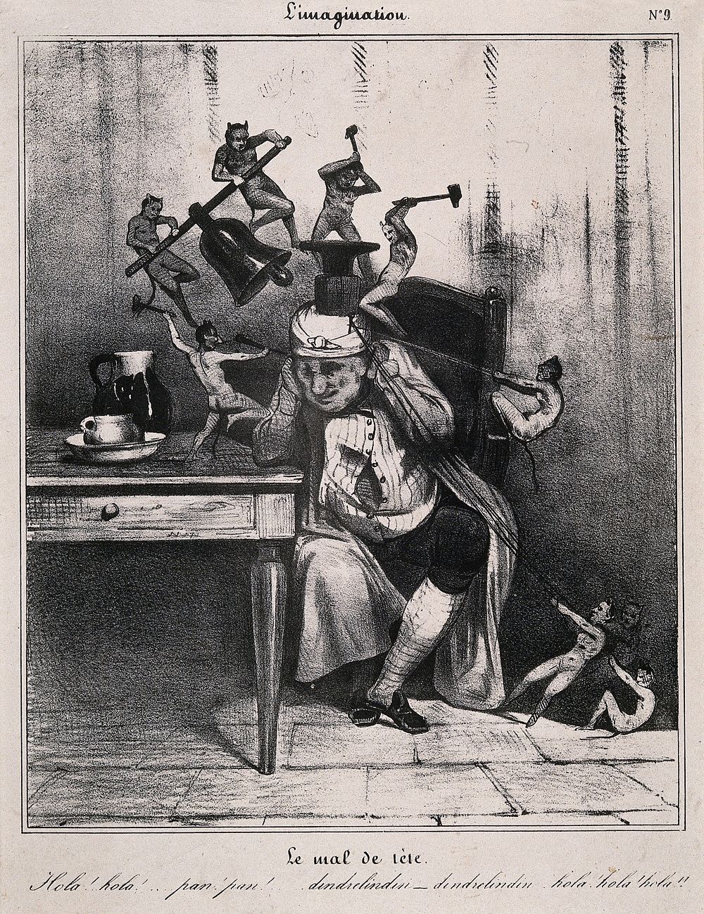 Devils besiege a man's head; symbolising headache. Lithograph by C. Ramelet after H. Daumier, c. 1833.