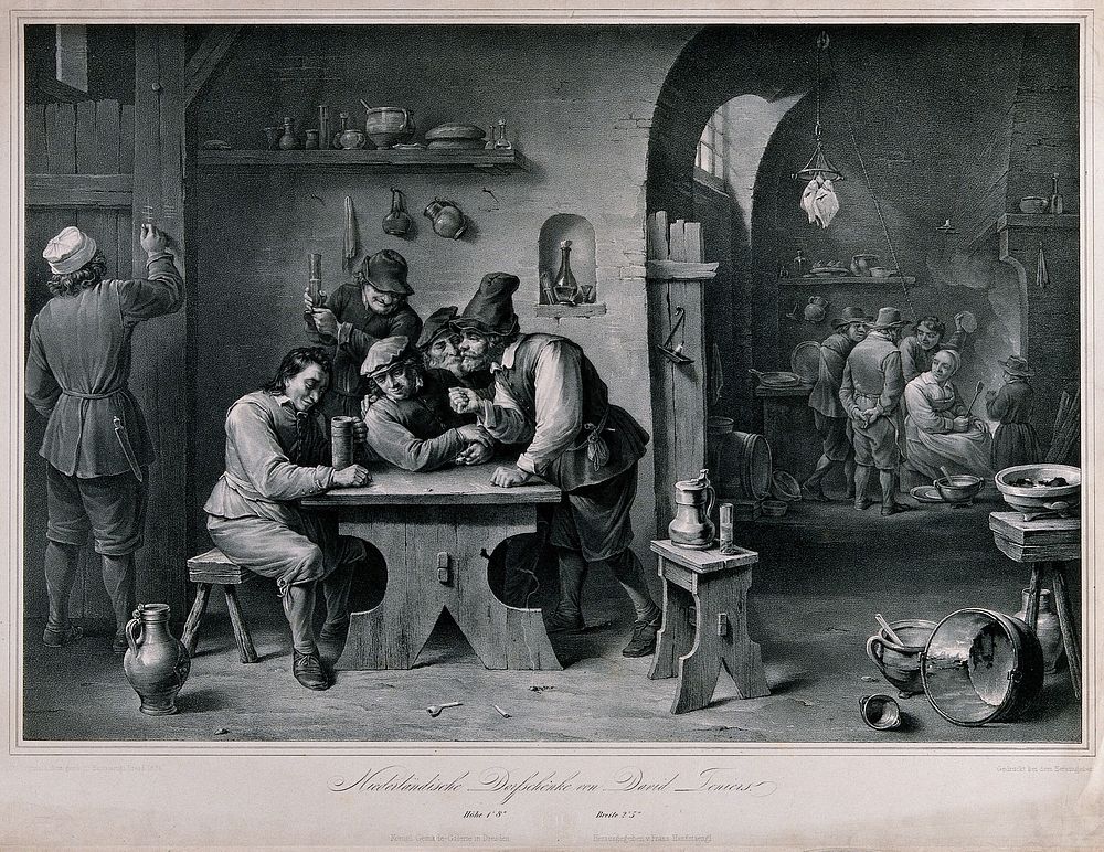 A Dutch country tavern with a drinker being given encouragement, a group by the fire and a serving man chalking up orders.…