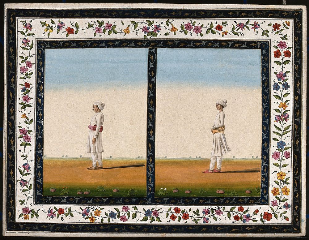 Two male attendants. Gouache painting by an Indian artist.