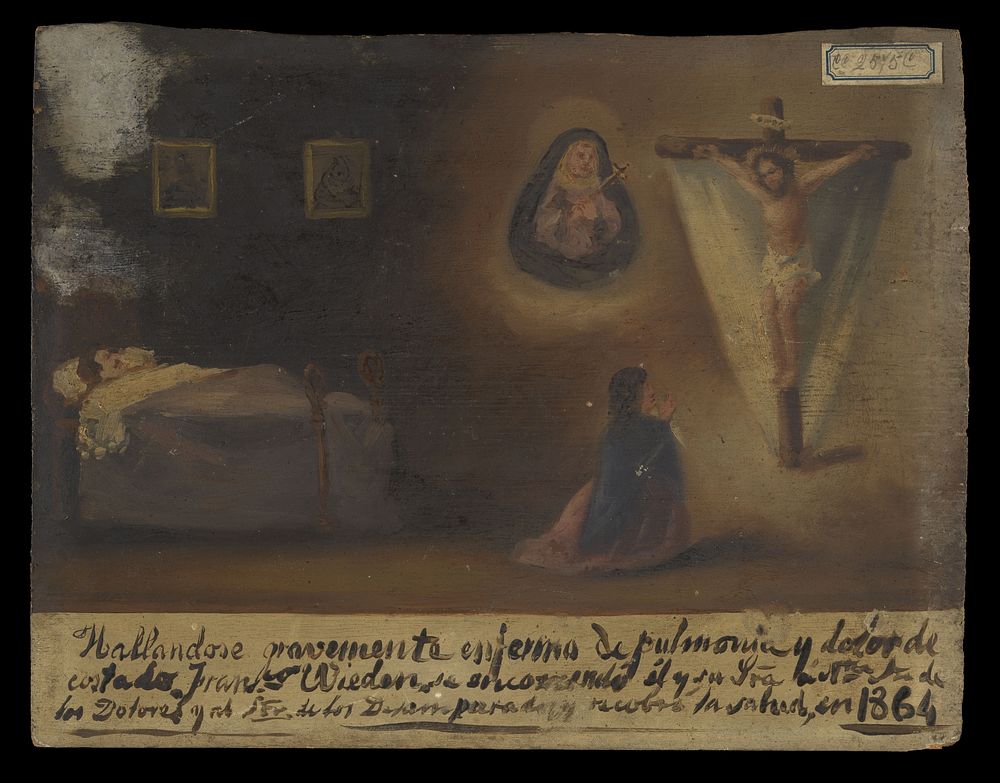 Francisco Wiedon  and his wife praying for cure of his pneumonia and pain in the side. Oil painting by a Spanish painter…