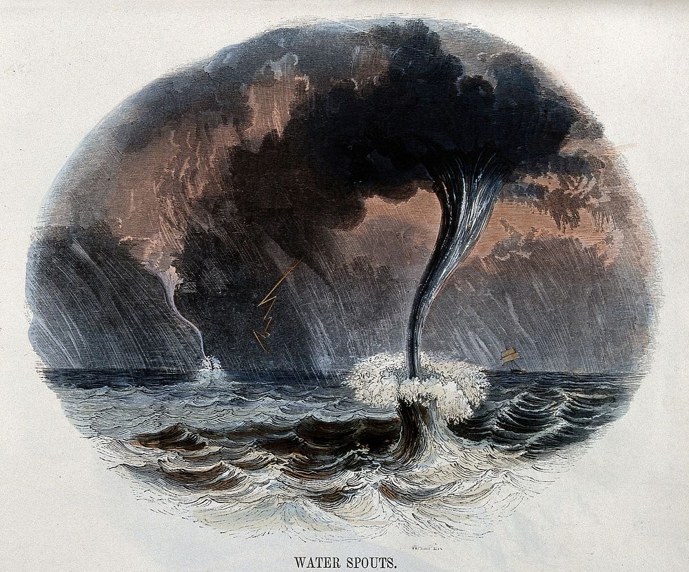 Geography: water spouts at sea, with rain. Coloured wood engraving by C. Whymper.