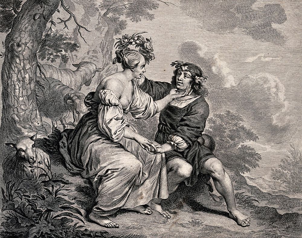 A man and a woman with a herd of goats sit under a tree holding hands; the man places a garland of flowers on the woman's…