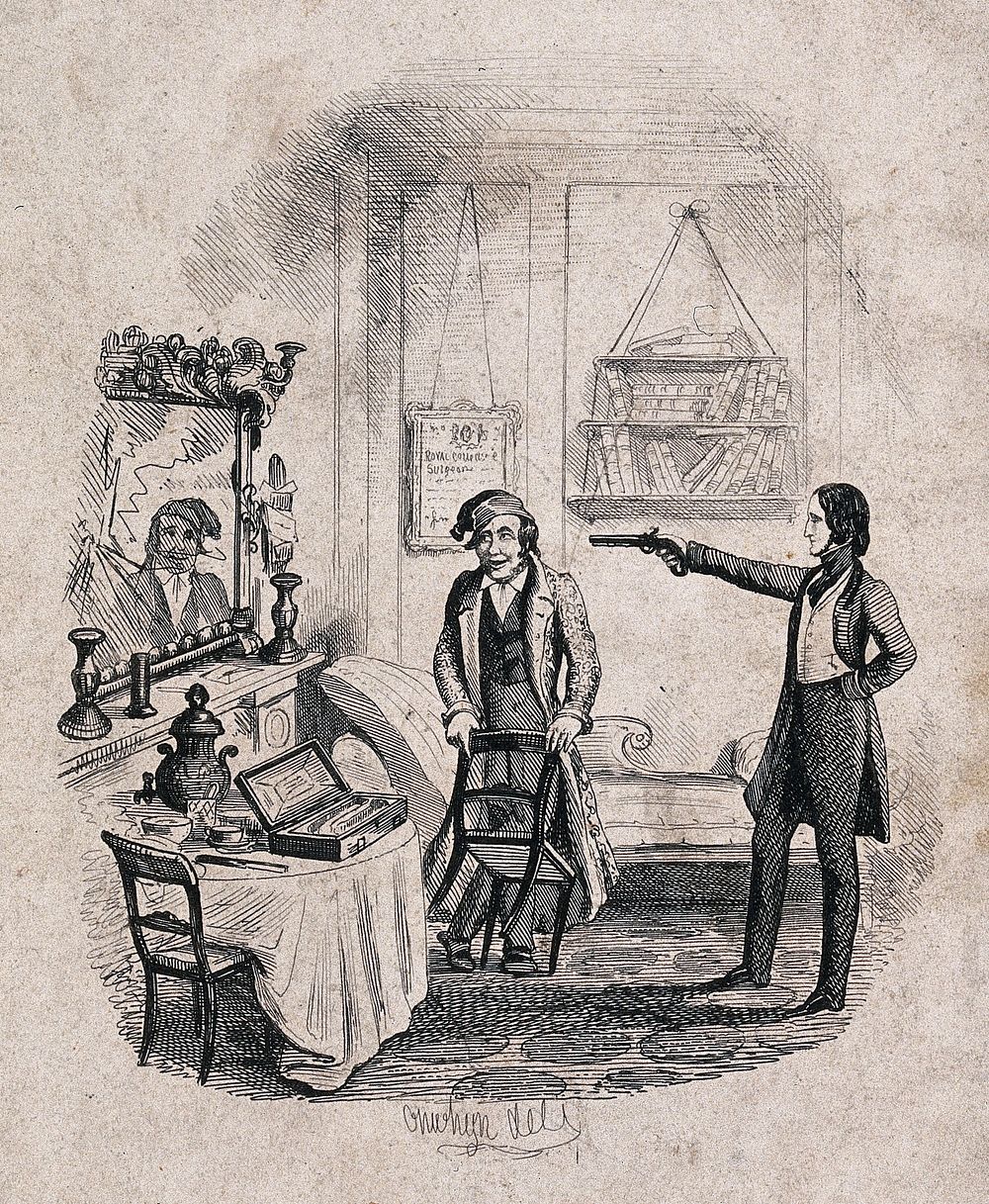 Sylvester Sound aiming a pistol at a broken mirror. Etching by T. Onwhyn, 1844.