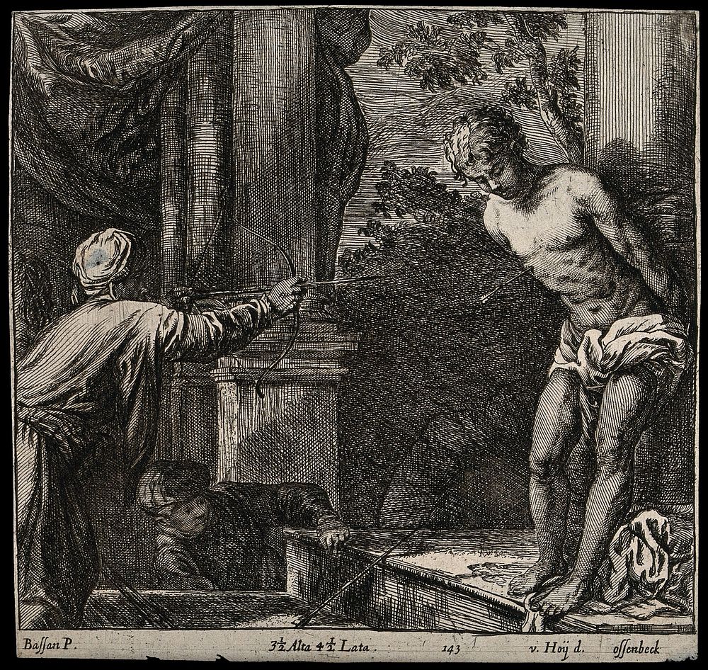 Martyrdom of Saint Sebastian. Etching by J. van Ossenbeck after N. van Hoje after Bassano.