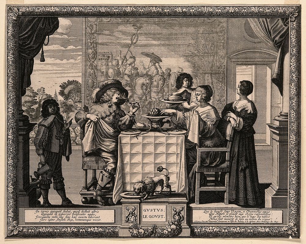 People eating and drinking before a tapestry; representing the sense of taste. Engraving by A. Bosse after himself, c. 1650.