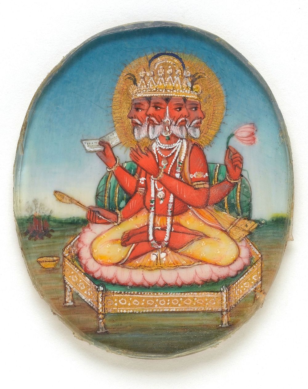 Shri Rama shooting an arrow at Ravana, the ten-headed demon. Gouache painting by an Indian artist.