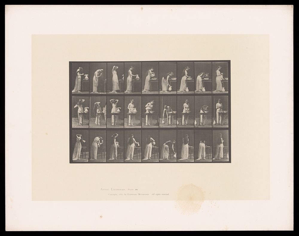 A clothed woman combs her hair and washes her face, standing at a washstand. Collotype after Eadweard Muybridge, 1887.