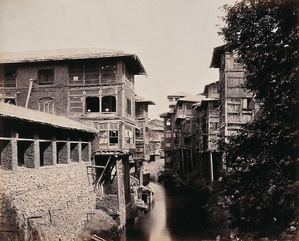 Kashmir: merchants' houses above the Marqual canal. Photograph by Samuel Bourne.
