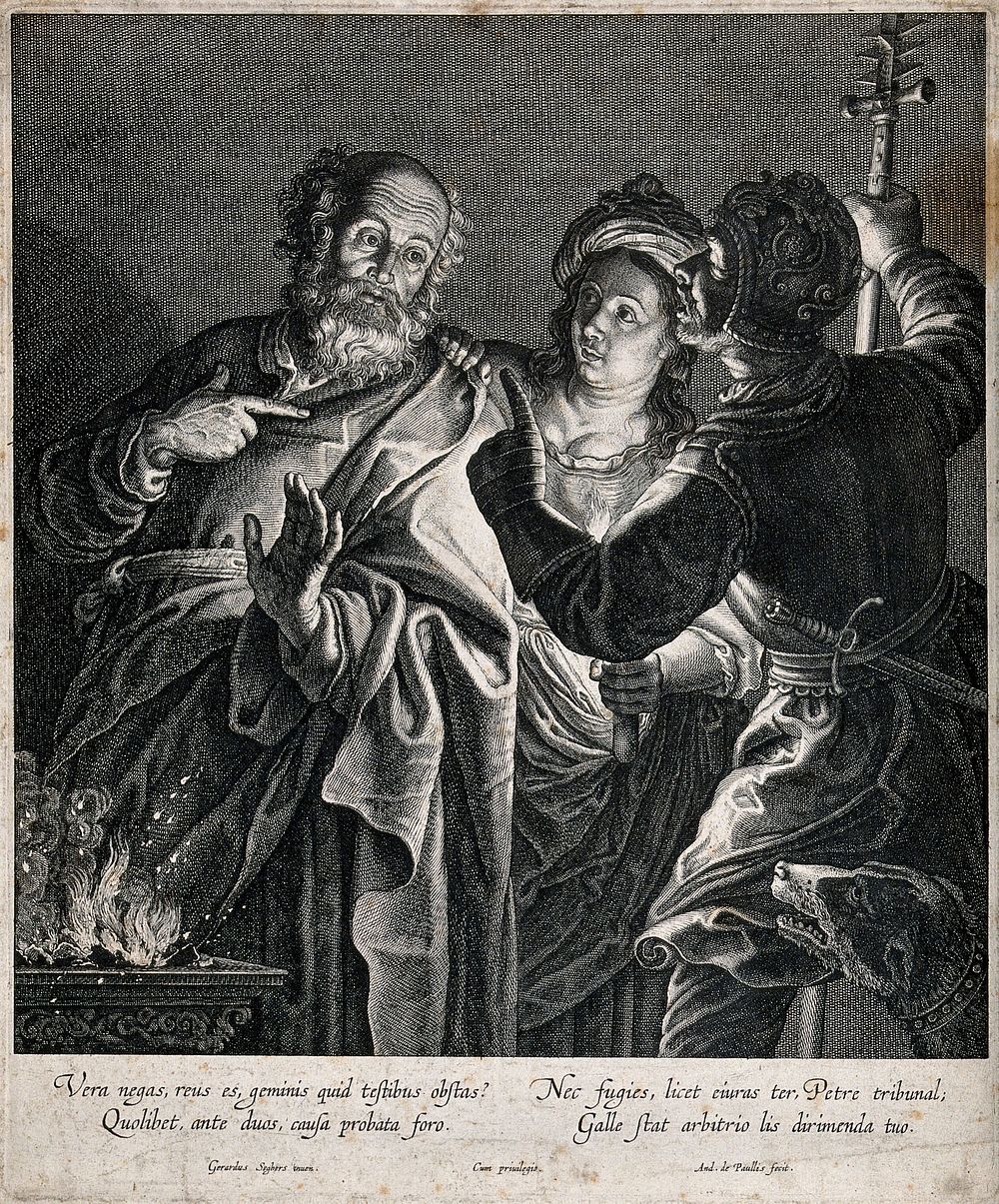 Peter denies knowledge of Christ. Engraving by A. Pauwels after G. Seghers.