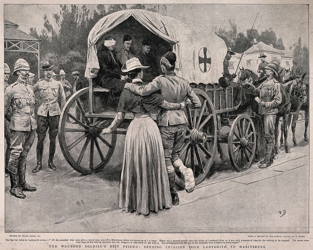 Boer War: a nurse helping invalids to an ambulance for transfer to Maritzburg from Ladysmith. Process print after a drawing…