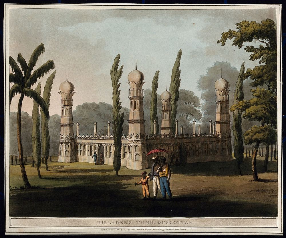 Tomb of Killader at Ouscottah, Karnataka. Coloured aquatint by H. Merke after James Hunter, 1804.