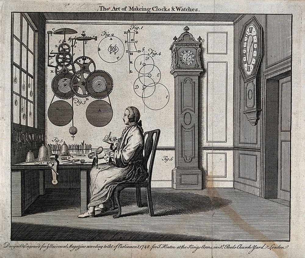 Clocks: a watch-maker seated at his workbench with a long-case and a bracket clock behind him, diagrams of movements above…