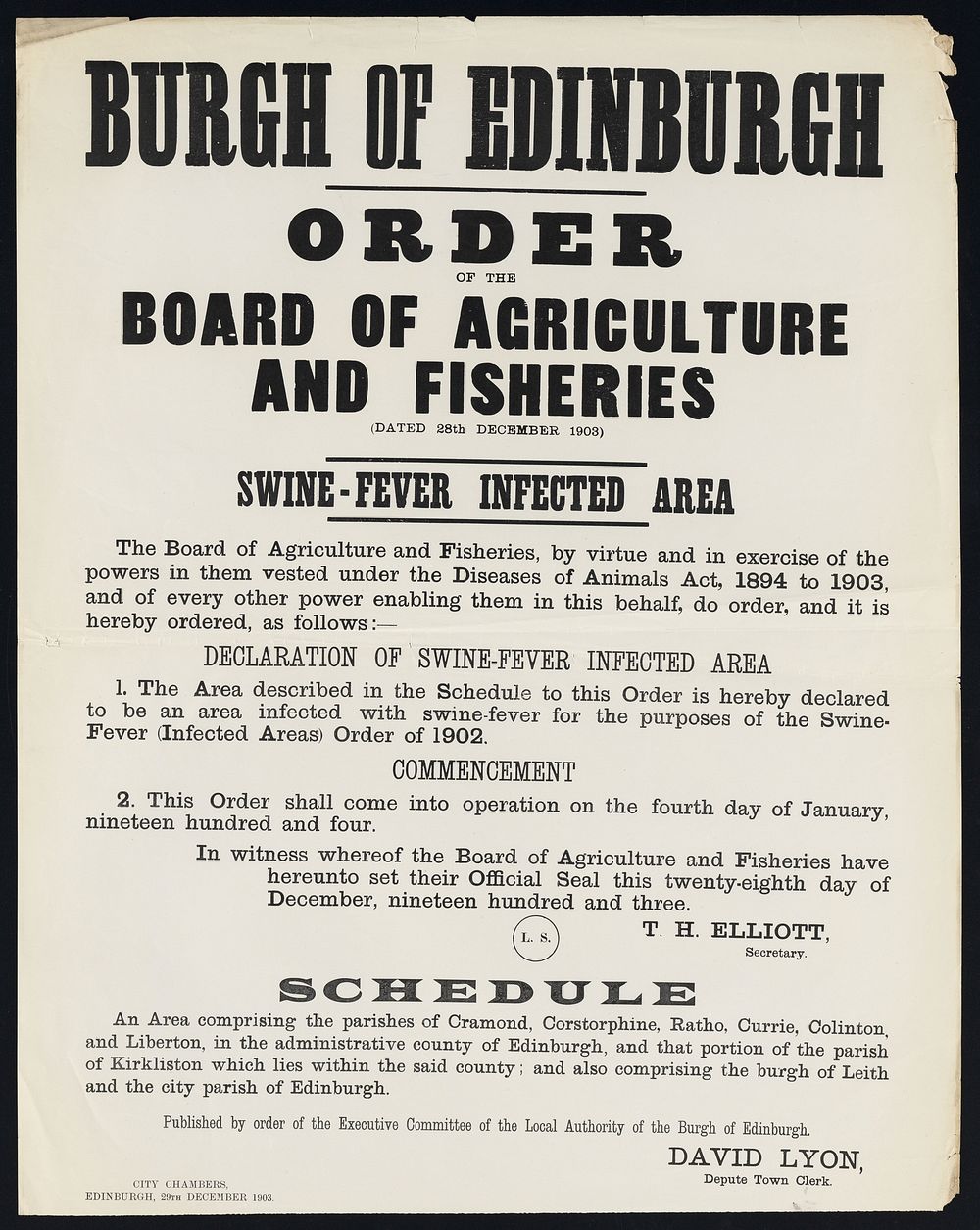 Order of the Board of Agriculture and Fisheries (dated 28th December 1903) : swine infected area / T.H. Elliott, secretary ;…
