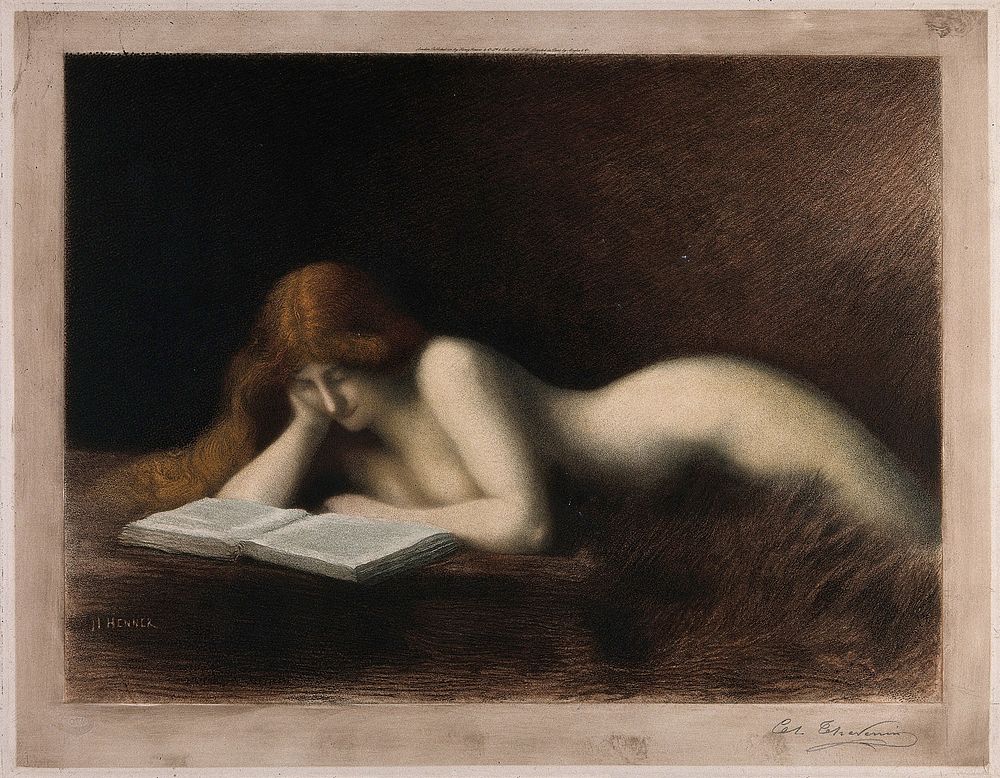 A woman with long red hair is lying down reading a book. Coloured mezzotint by C.R. Thévenin after J.J. Henner.