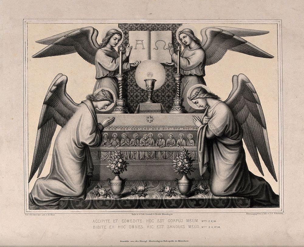 Angels in adoration of the Eucharist, which is presented on an altar decorated with the Last Supper. Lithograph by J.G.…