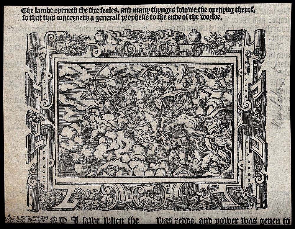 The four horsemen of the Apocalypse galloping through the clouds. Woodcut, 16th century.
