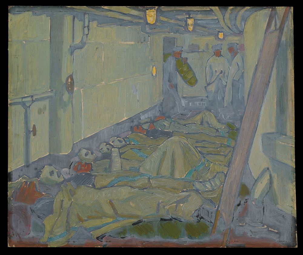 World War I: wounded sailors after treatment lying in hammocks on deck. Oil painting by Godfrey Jervis Gordon ("Jan Gordon").