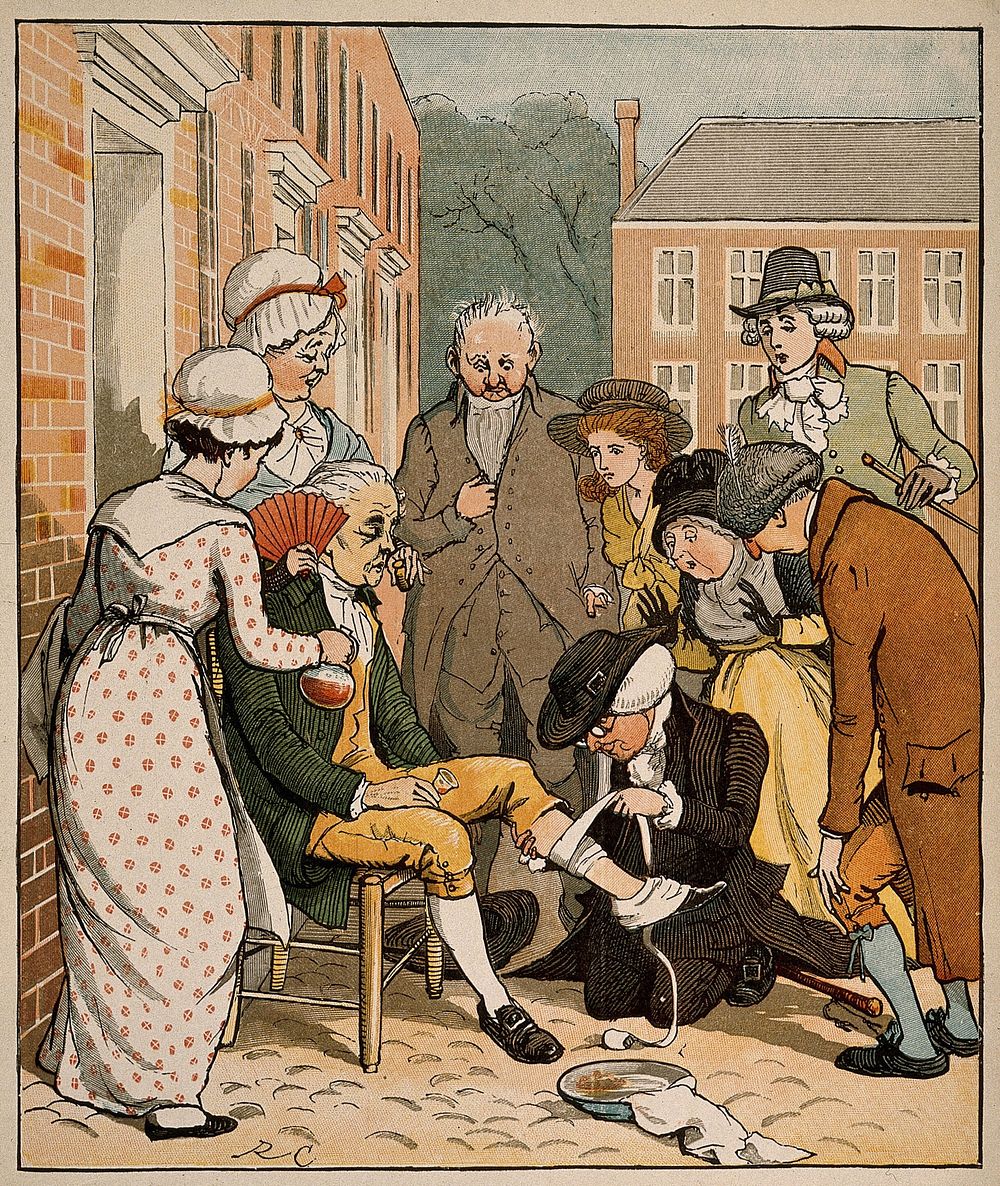 A surgeon bandaging an elderly man's knee in a street surrounded by a group of onlookers. Colour process print after R.…