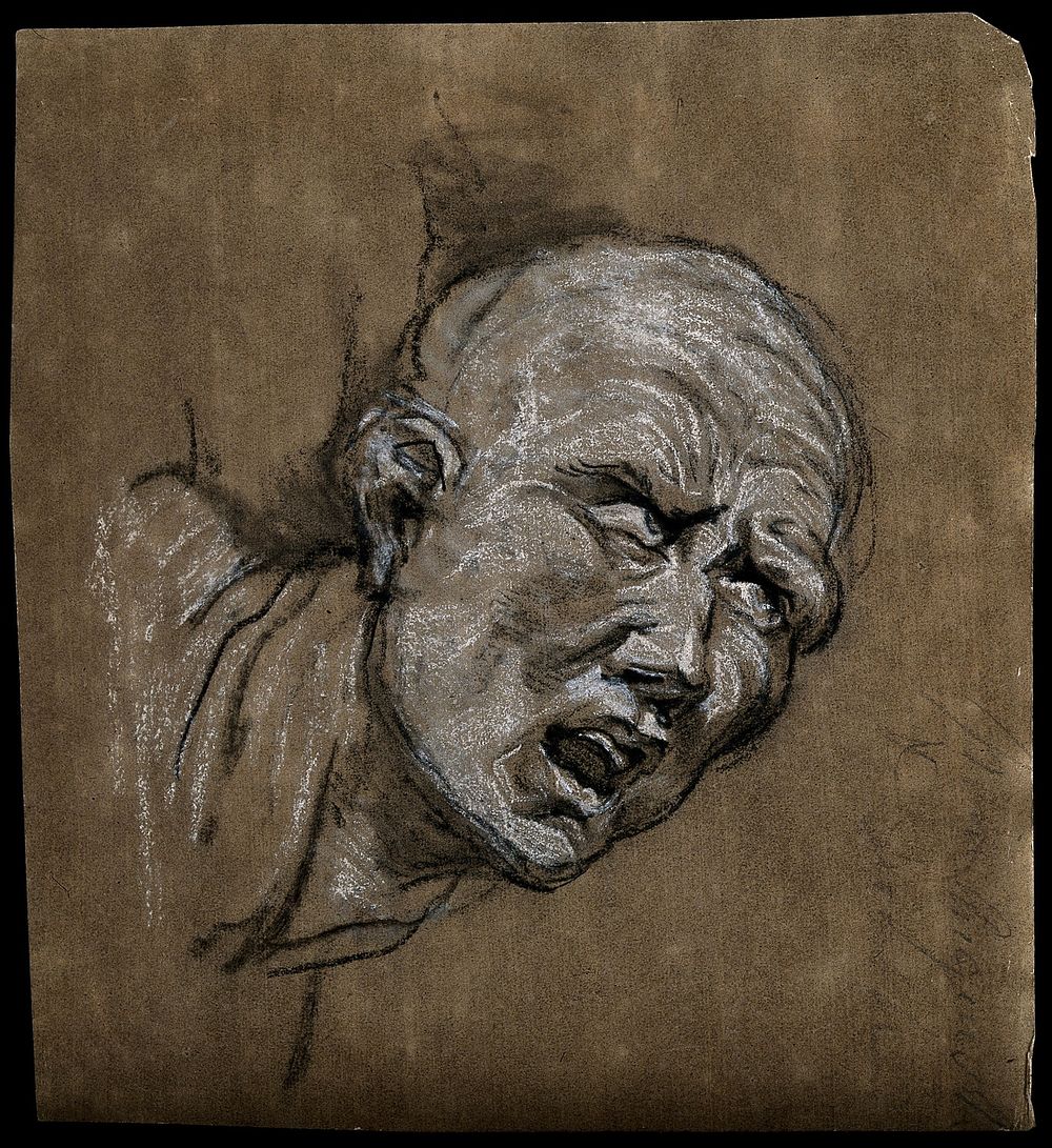Head of an anguished man. Chalk drawing.