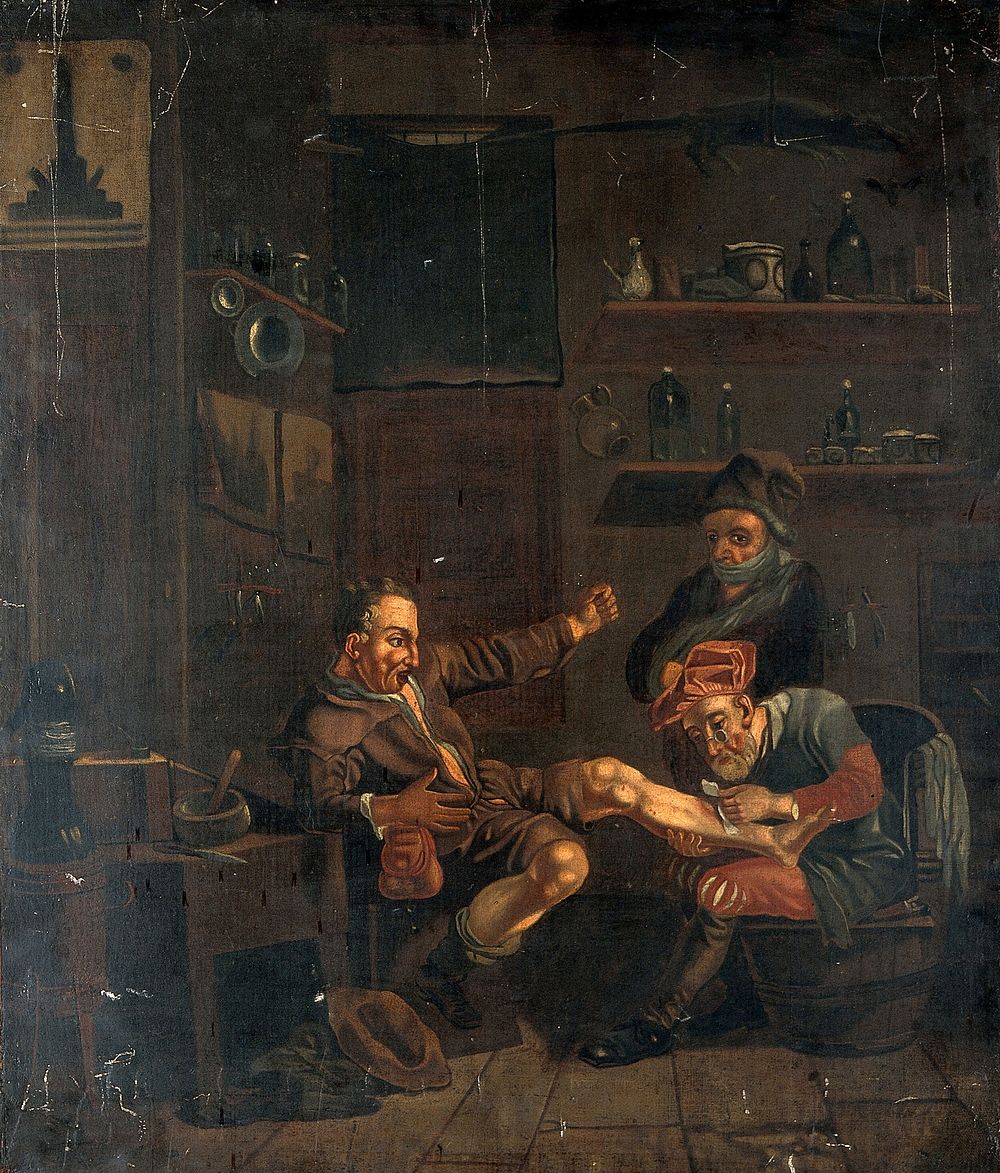 A surgeon treating a man's foot. Oil painting after a composition ascribed to Johannes Lingelbach.