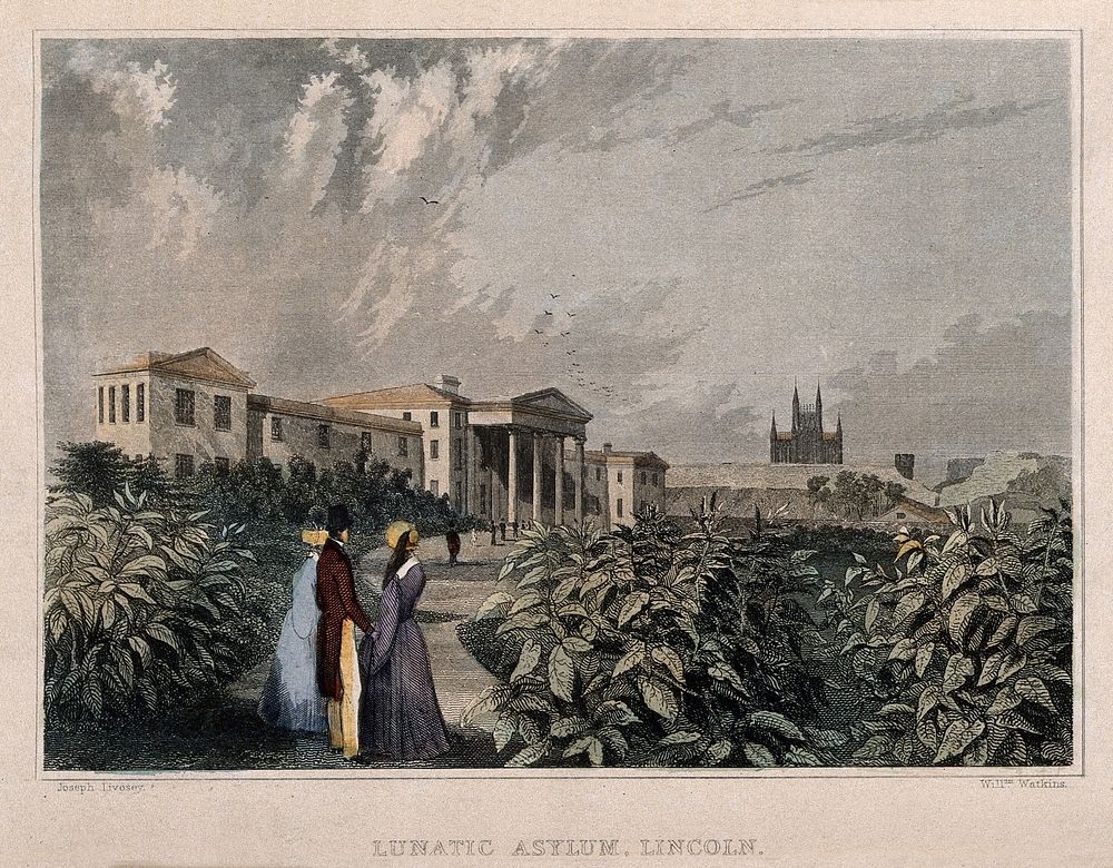 Lunatic Asylum, Lincoln. Coloured line engraving by W. Watkins, 1835, after J. Livesey.