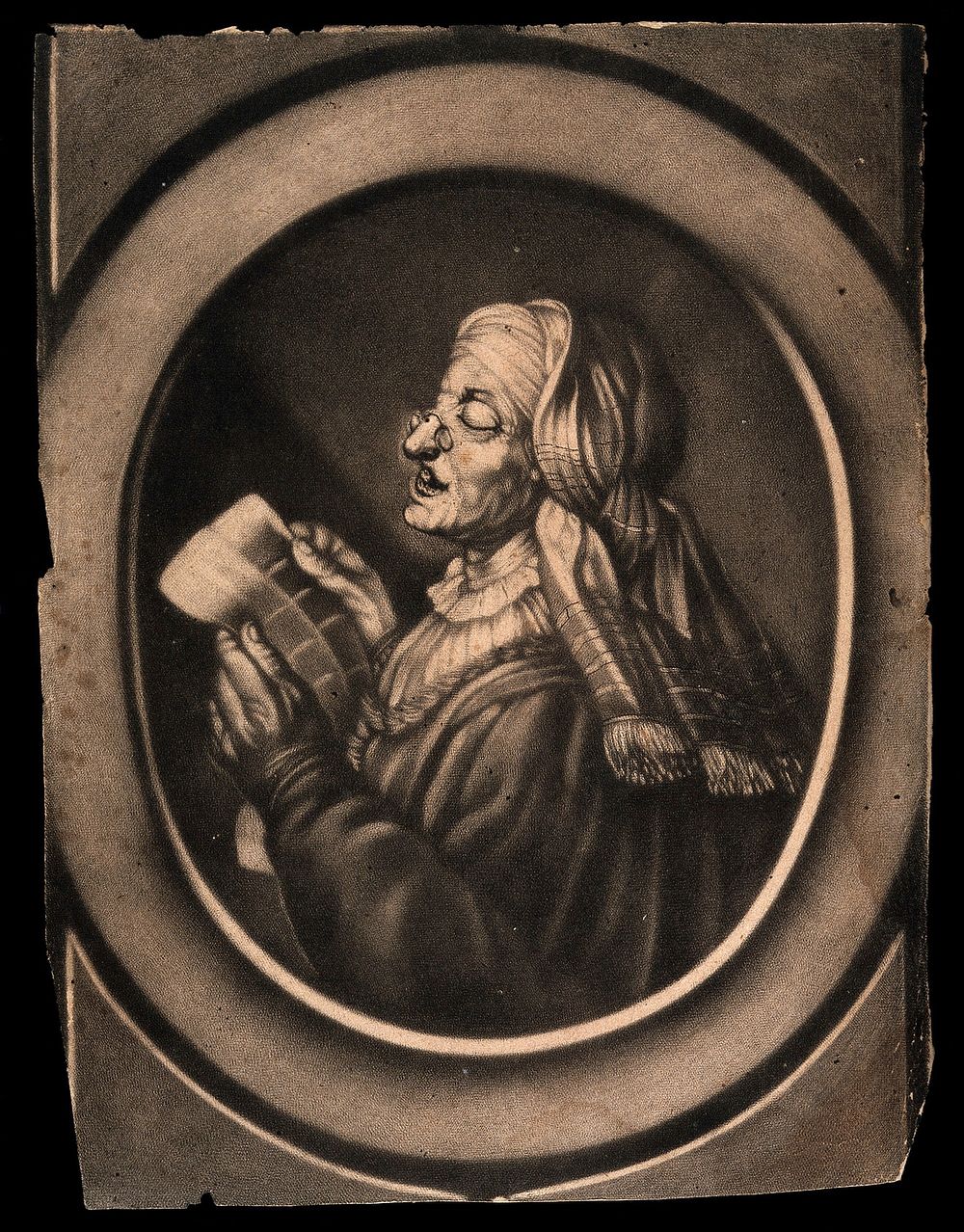 An old woman wearing spectacles, reading the paper. Mezzotint.