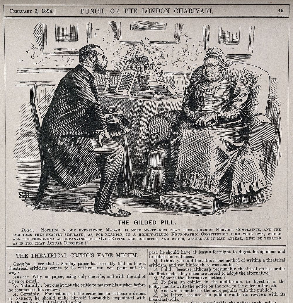 A doctor trying to convince an obese lady that her over-eating problems are psychologically based. Wood engraving by EH…