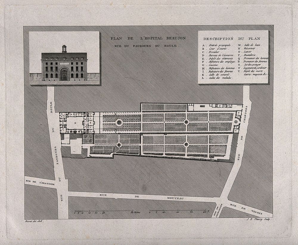 Beaujon Hospital, Paris: facade, floor plan and key. Line engraving by J.E. Thierry after Bessat, 1808.
