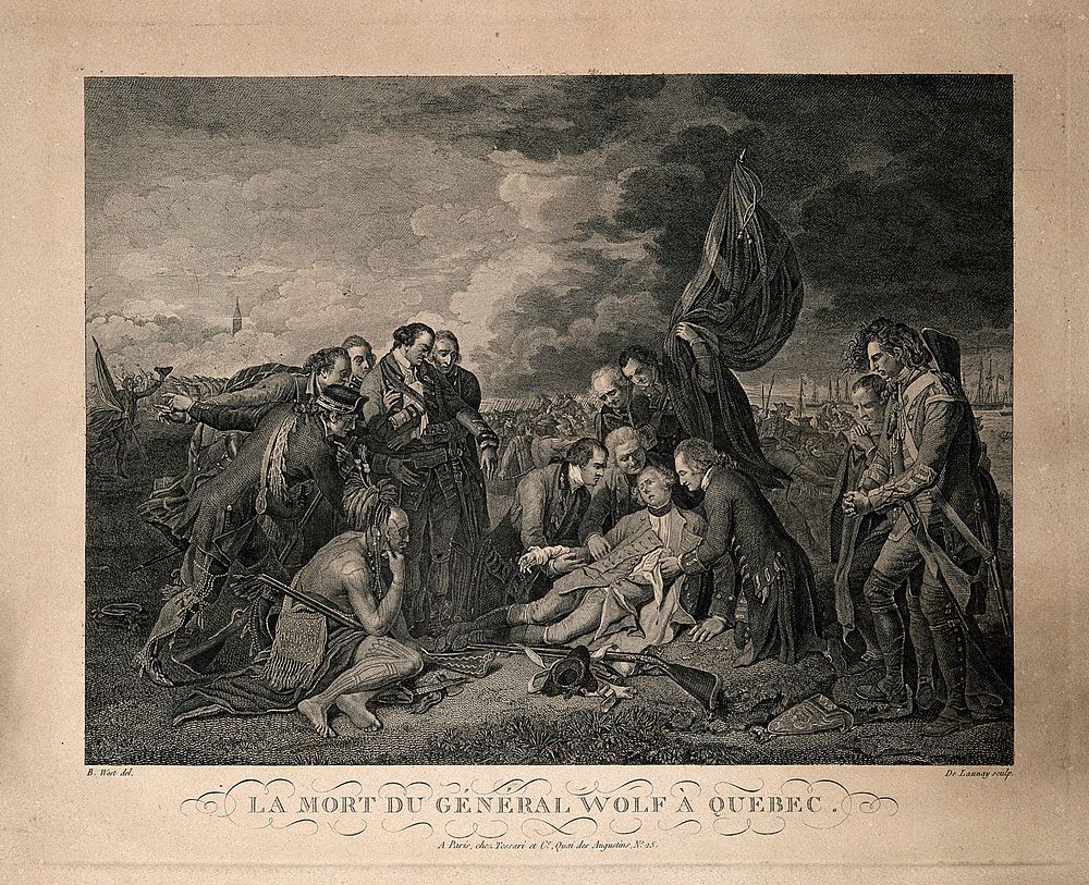 The death of General Wolfe, at Quebec, in the background are soldiers and ships. Engraving by N. de Launay, after B. West…