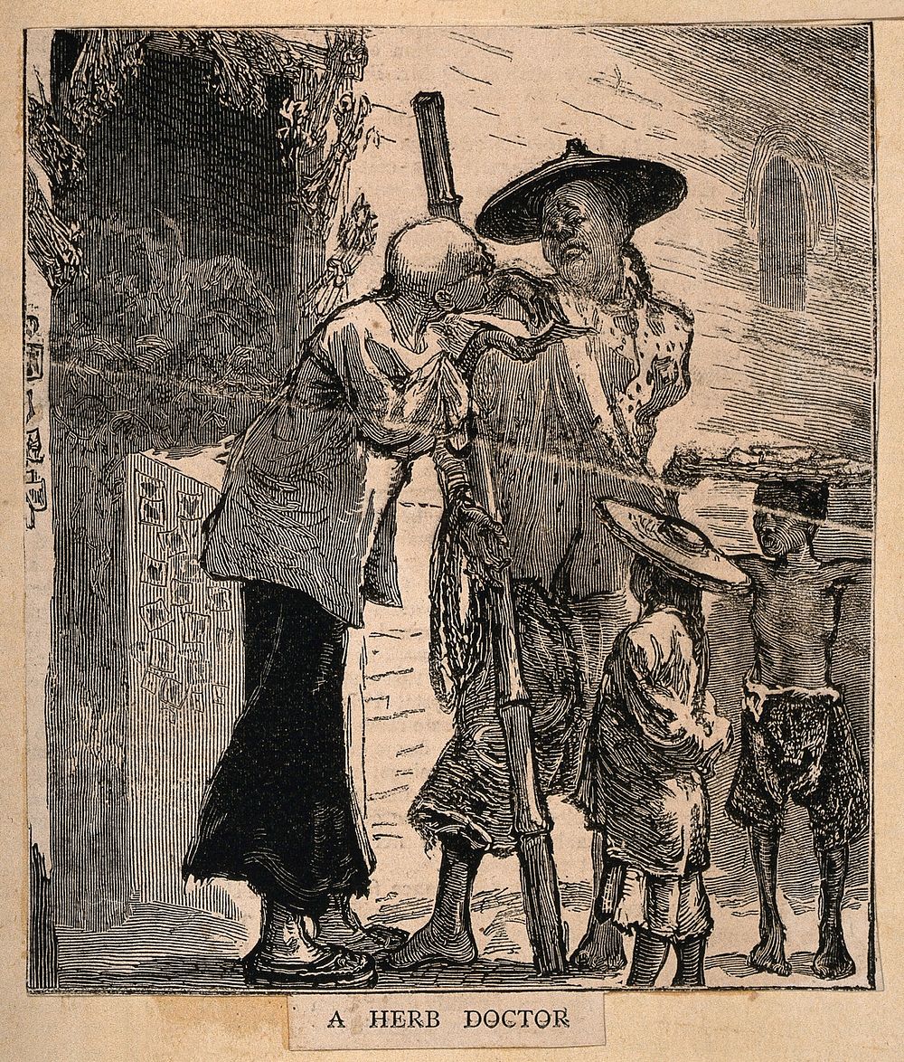 A man with his two children consulting a herb doctor and negotiating a prescription. Wood engraving.