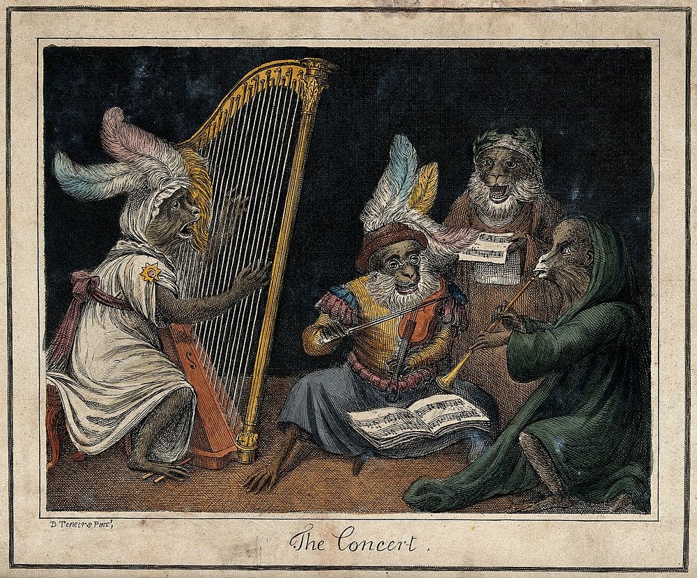 Four monkeys dressed as musicians giving a concert. Coloured engraving after D Teniers.