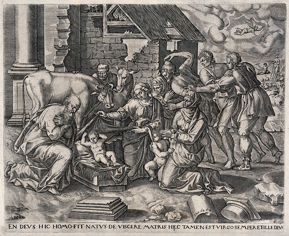 The adoration of the shepherds at the birth of Christ in the presence of John the Baptist and Saint Elizabeth. Engraving…