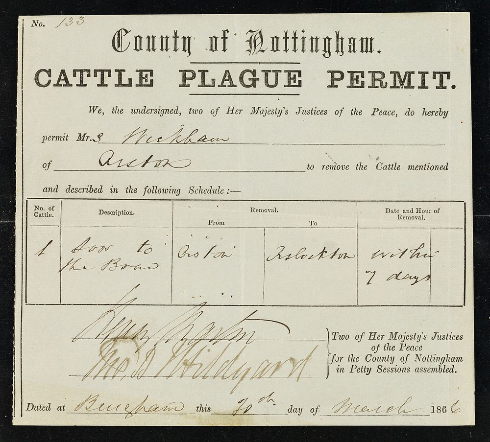 Cattle plague permit / County of Nottingham.